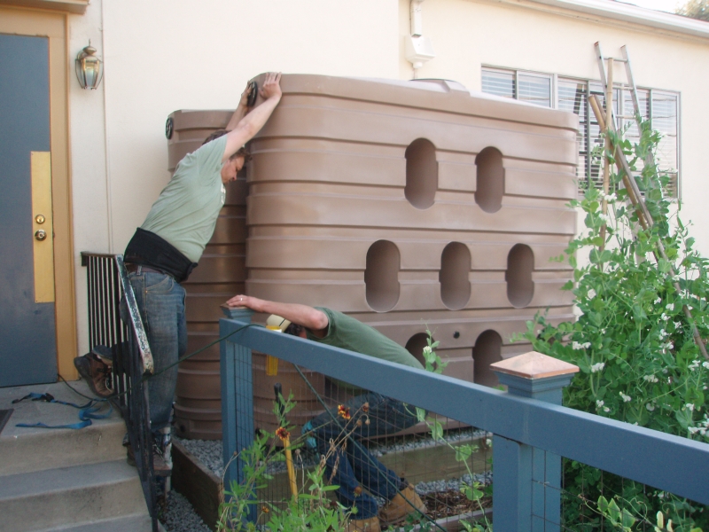 Rainwater harvesting tanks at the Community Garden at Holy Nativity, Los Angeles